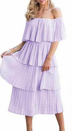 ETCYY Kvinner Off The Shoulder Summer Chiffon Tiered Ruffle Plissert Midi-kjole Lilla