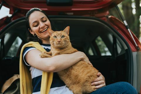 kvinne som holder katten i bilen