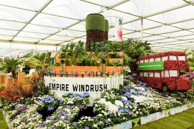 detalj av windrush-hagen inne i den store paviljongen på rhs chelsea flower show 2018