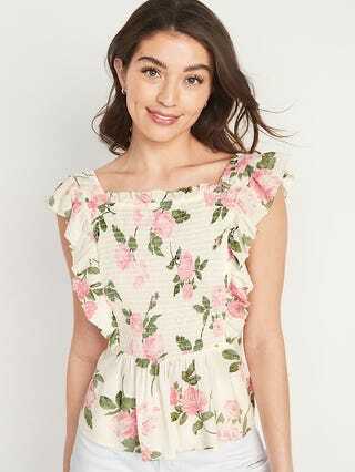 Bluse med floral smock med flutterermer 