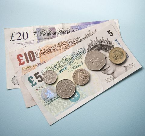 Alle former for penger fra Bank of England, sedler og pund