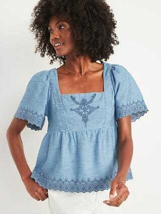 Chambray Flutter-Sleeve Brodert Topp